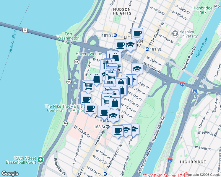 map of restaurants, bars, coffee shops, grocery stores, and more near 631 West 173rd Street in New York