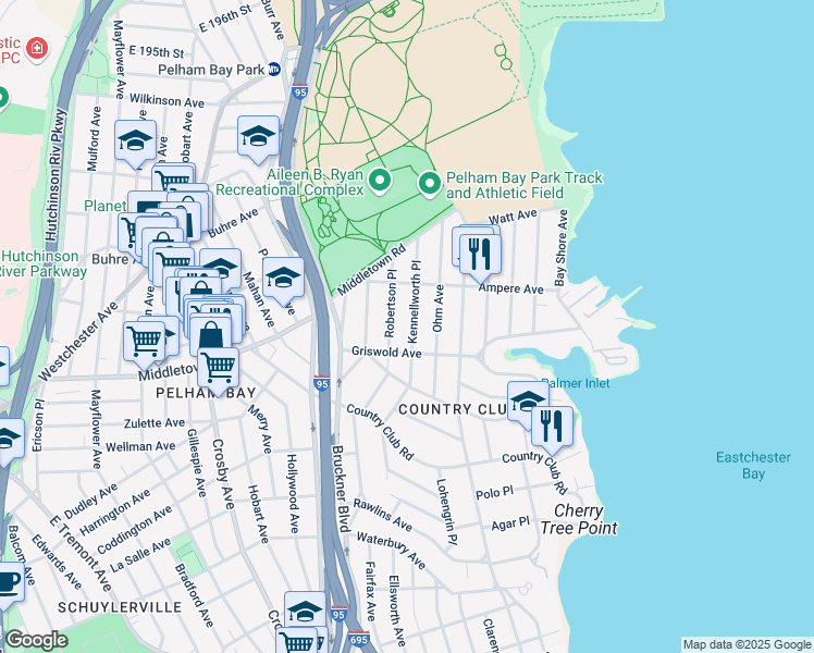 map of restaurants, bars, coffee shops, grocery stores, and more near 1525 Kennellworth Place in Bronx