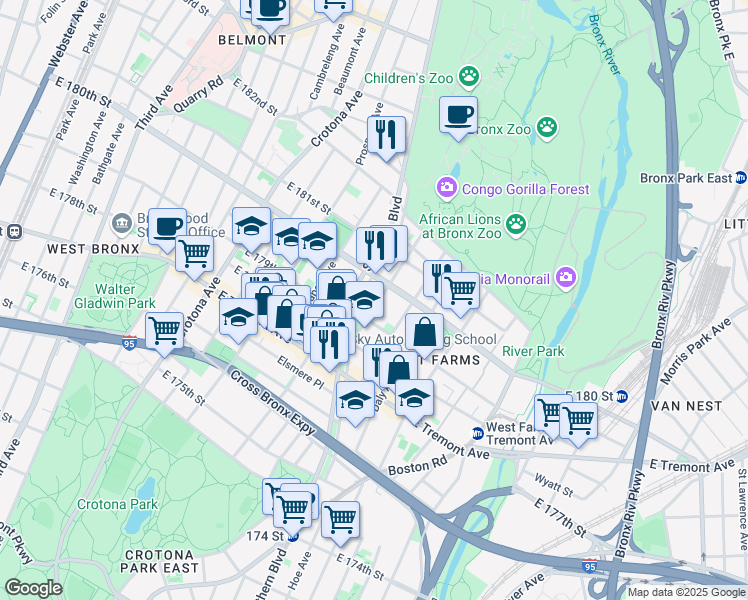 map of restaurants, bars, coffee shops, grocery stores, and more near 2079 Mohegan Avenue in The Bronx