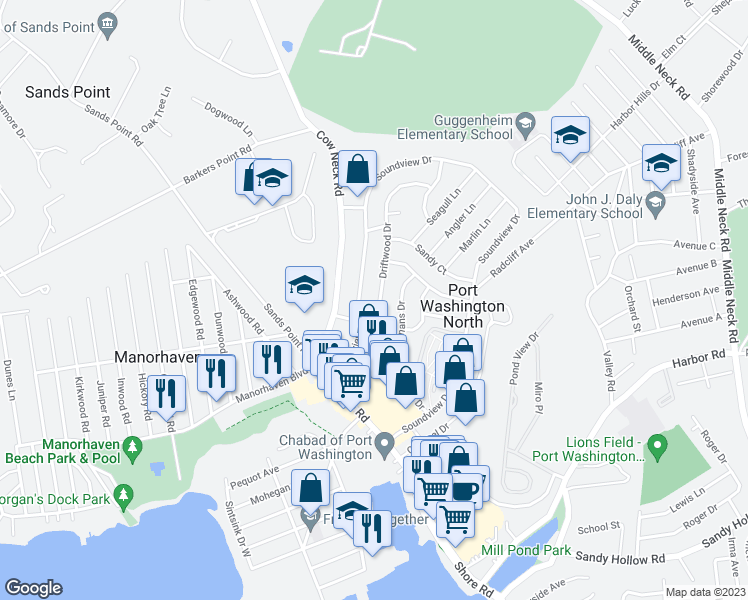 map of restaurants, bars, coffee shops, grocery stores, and more near 15 Driftwood Drive in Port Washington