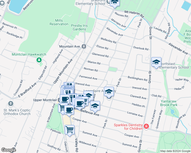 map of restaurants, bars, coffee shops, grocery stores, and more near 195 Fernwood Avenue in Montclair