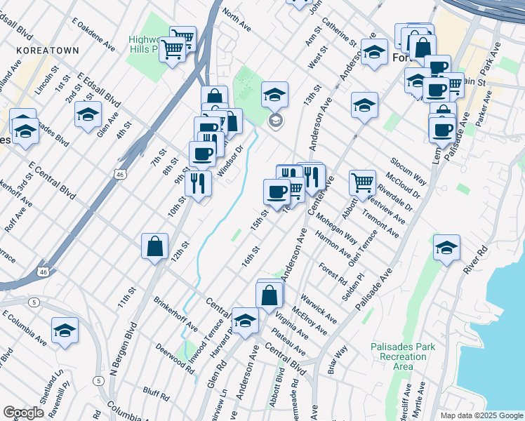 map of restaurants, bars, coffee shops, grocery stores, and more near 1317 15th Street in Fort Lee