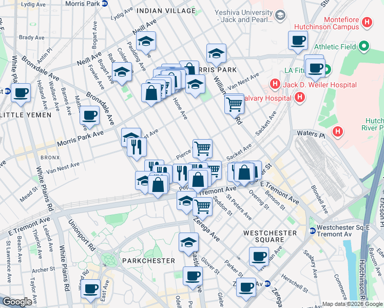 map of restaurants, bars, coffee shops, grocery stores, and more near 1588 Paulding Avenue in The Bronx
