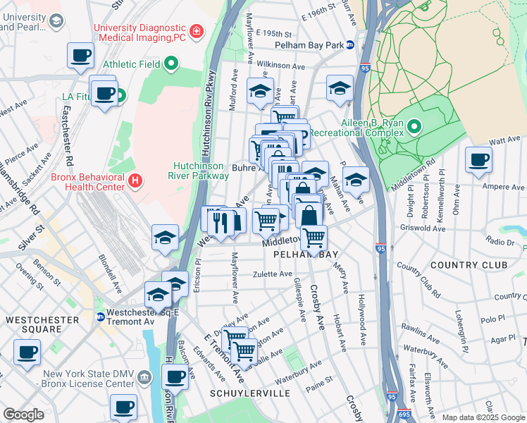 map of restaurants, bars, coffee shops, grocery stores, and more near 1645 Edison Avenue in Bronx