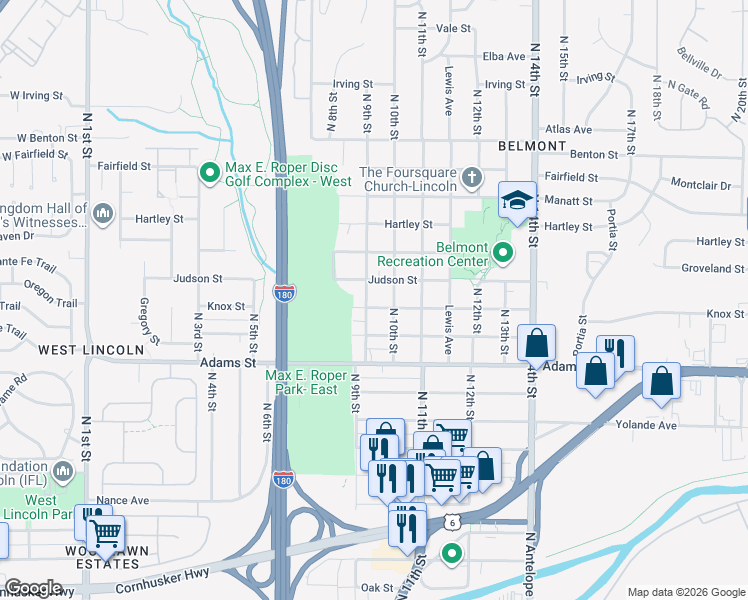 map of restaurants, bars, coffee shops, grocery stores, and more near 906 Knox Street in Lincoln