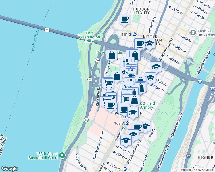 map of restaurants, bars, coffee shops, grocery stores, and more near 118 Haven Avenue in New York