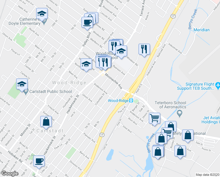 map of restaurants, bars, coffee shops, grocery stores, and more near 164 Columbia Street in Wood-Ridge