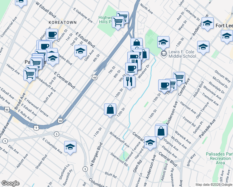 map of restaurants, bars, coffee shops, grocery stores, and more near 325 East Palisades Boulevard in Palisades Park