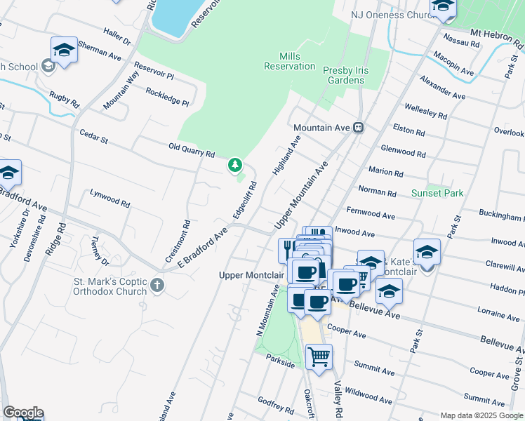 map of restaurants, bars, coffee shops, grocery stores, and more near 345 Highland Avenue in Montclair