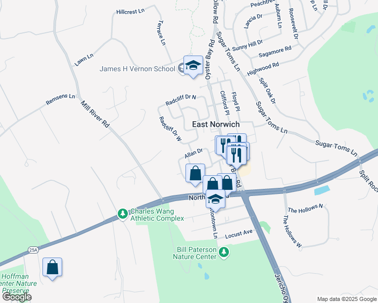 map of restaurants, bars, coffee shops, grocery stores, and more near 1 Laurel Court in East Norwich