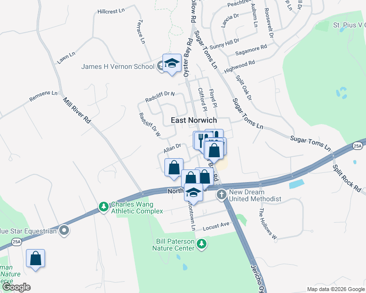 map of restaurants, bars, coffee shops, grocery stores, and more near 64 Allan Drive in East Norwich