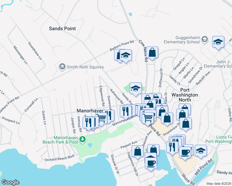 map of restaurants, bars, coffee shops, grocery stores, and more near 44 Ashwood Road in Port Washington