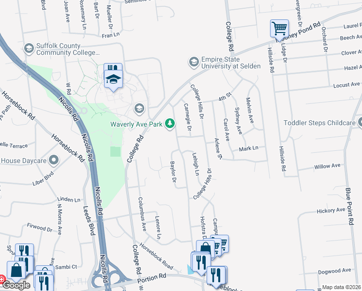 map of restaurants, bars, coffee shops, grocery stores, and more near 1325 Waverly Avenue in Farmingville