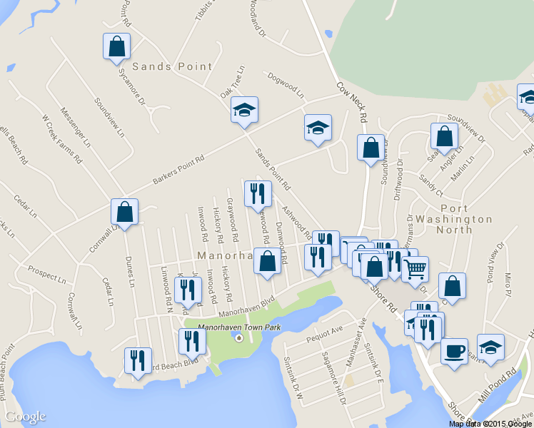 map of restaurants, bars, coffee shops, grocery stores, and more near 60 Edgewood Road in Port Washington