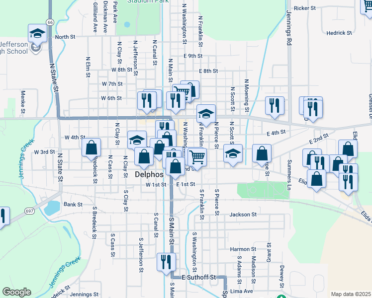 map of restaurants, bars, coffee shops, grocery stores, and more near 199 E 3rd St in Delphos
