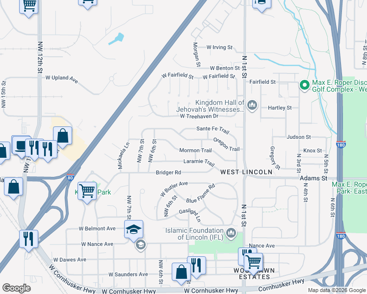 map of restaurants, bars, coffee shops, grocery stores, and more near 428 Mormon Trail in Lincoln