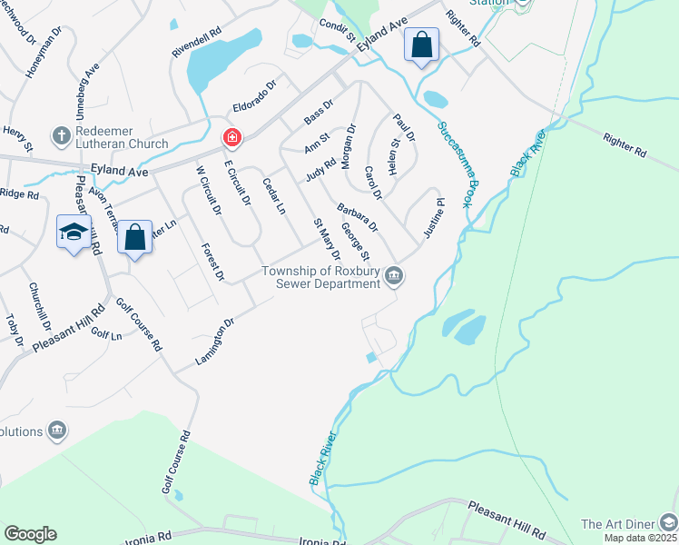 map of restaurants, bars, coffee shops, grocery stores, and more near 40 Saint Mary Drive in Roxbury Township