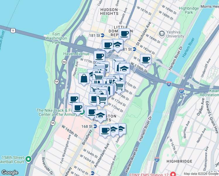 map of restaurants, bars, coffee shops, grocery stores, and more near 601 West 174th Street in New York