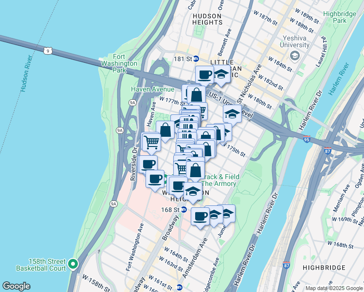 map of restaurants, bars, coffee shops, grocery stores, and more near 649 West 173rd Street in New York