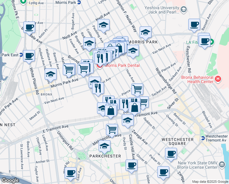 map of restaurants, bars, coffee shops, grocery stores, and more near 1623 Radcliff Avenue in Bronx
