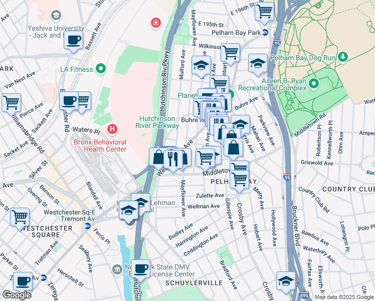 map of restaurants, bars, coffee shops, grocery stores, and more near 1654 Mayflower Avenue in Bronx