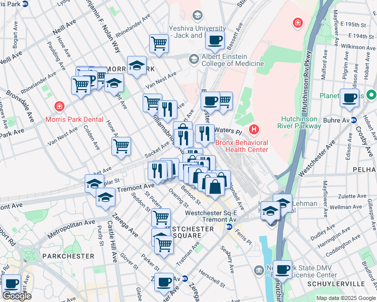 map of restaurants, bars, coffee shops, grocery stores, and more near 1518 Williamsbridge Road in Bronx