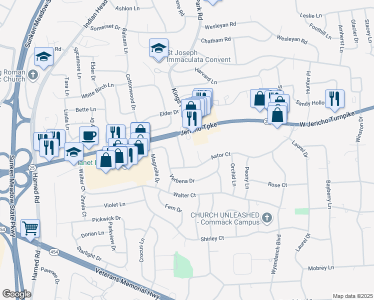 map of restaurants, bars, coffee shops, grocery stores, and more near 7 Tulip Lane in Commack