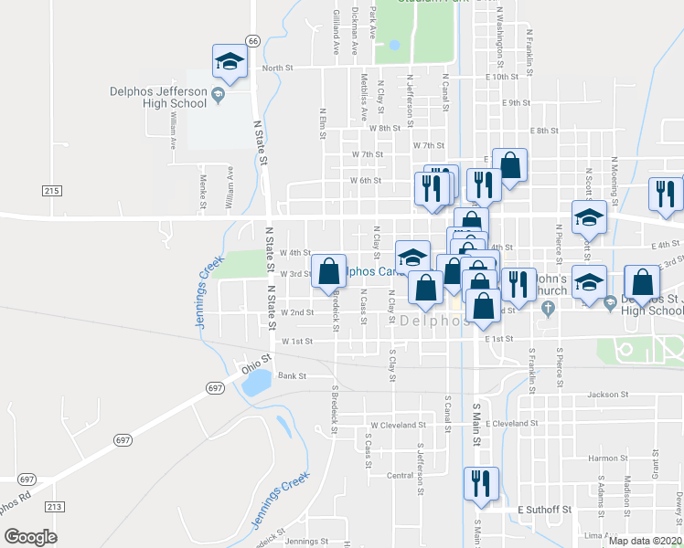 map of restaurants, bars, coffee shops, grocery stores, and more near West 3rd Street in Delphos