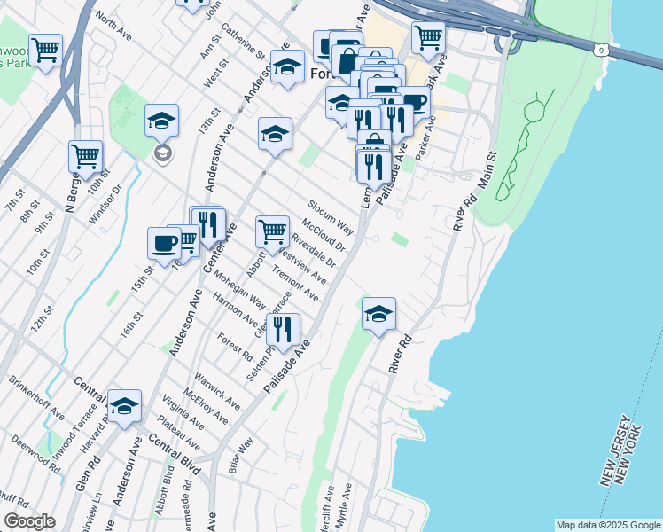 map of restaurants, bars, coffee shops, grocery stores, and more near 210 Riverdale Drive in Fort Lee