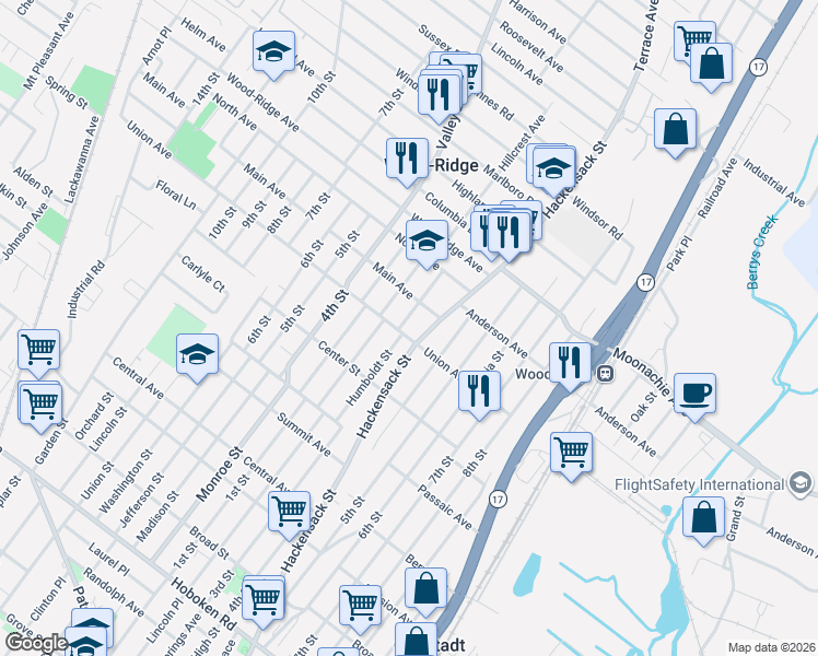 map of restaurants, bars, coffee shops, grocery stores, and more near 100 1st Street in Wood-Ridge