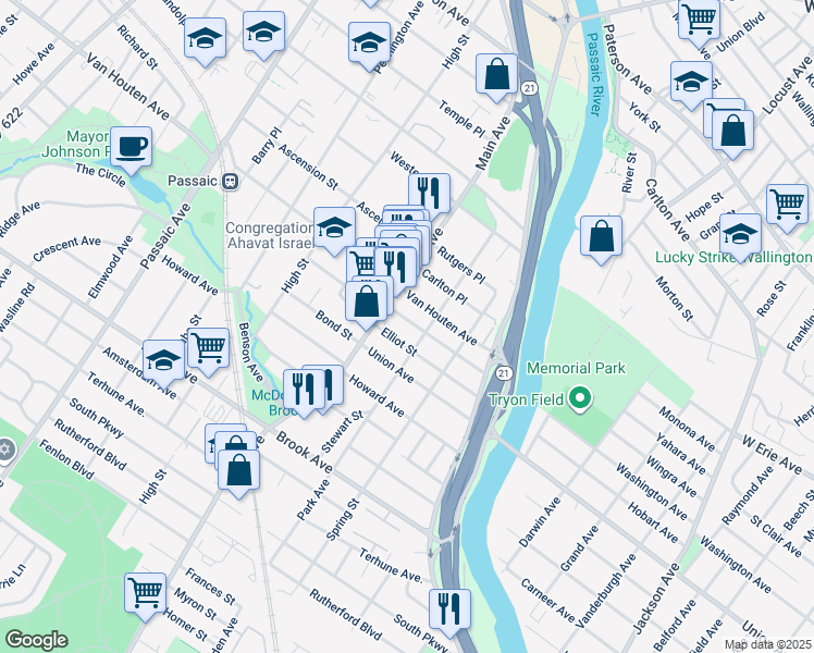 map of restaurants, bars, coffee shops, grocery stores, and more near 99 Palmer Street in Passaic