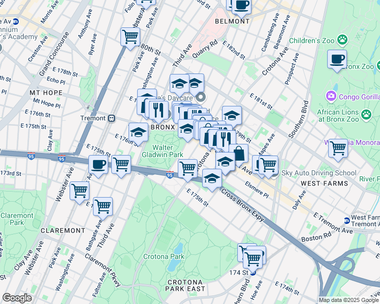 map of restaurants, bars, coffee shops, grocery stores, and more near 1893 Belmont Avenue in Bronx