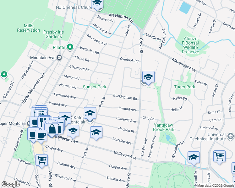 map of restaurants, bars, coffee shops, grocery stores, and more near 133 Buckingham Road in Montclair