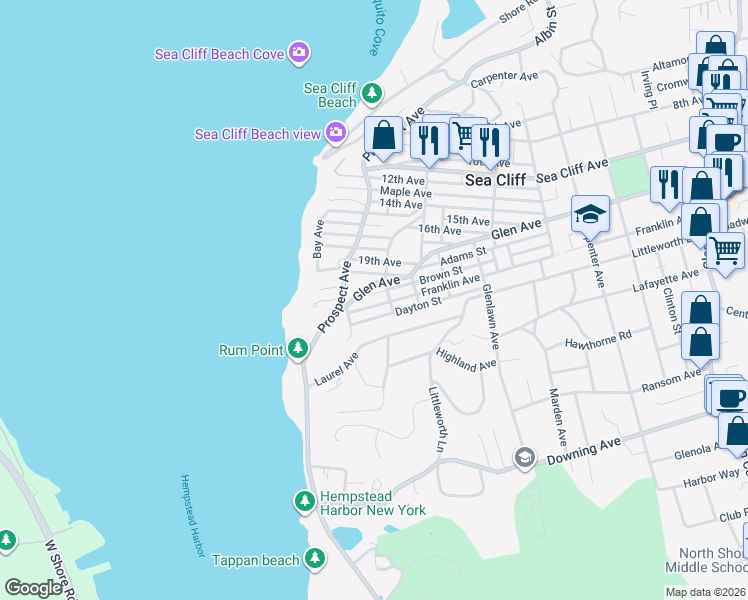map of restaurants, bars, coffee shops, grocery stores, and more near 332 Franklin Avenue in Sea Cliff