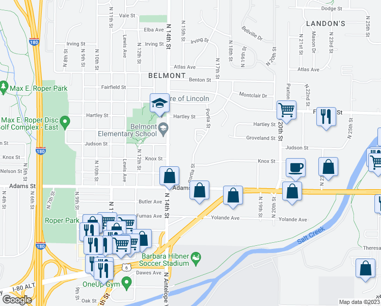 map of restaurants, bars, coffee shops, grocery stores, and more near 3305 Portia Street in Lincoln