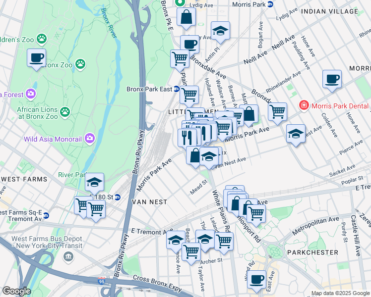 map of restaurants, bars, coffee shops, grocery stores, and more near 655 Morris Park Avenue in Bronx