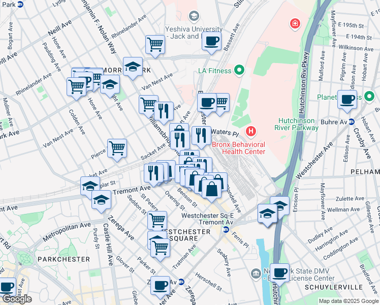 map of restaurants, bars, coffee shops, grocery stores, and more near 1518 Williamsbridge Road in Bronx
