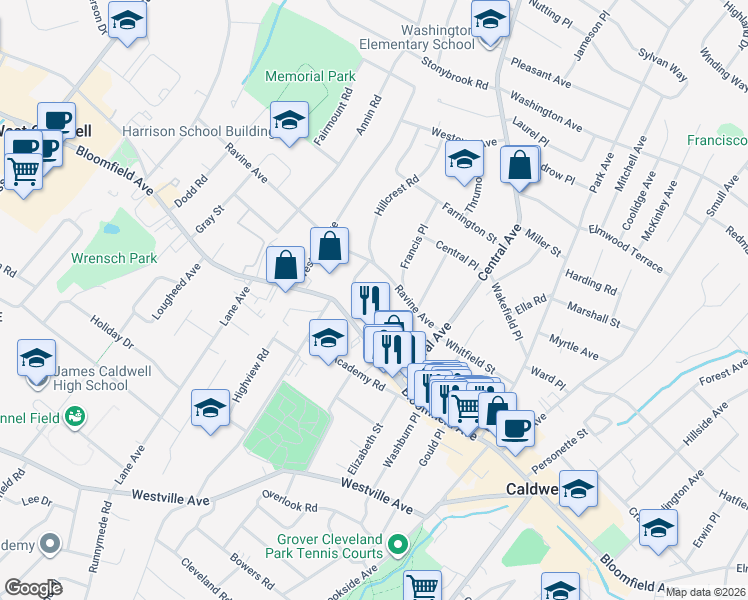 map of restaurants, bars, coffee shops, grocery stores, and more near 34 Espy Road in Caldwell