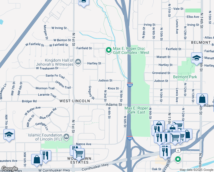 map of restaurants, bars, coffee shops, grocery stores, and more near 3300 North 3rd Street in Lincoln