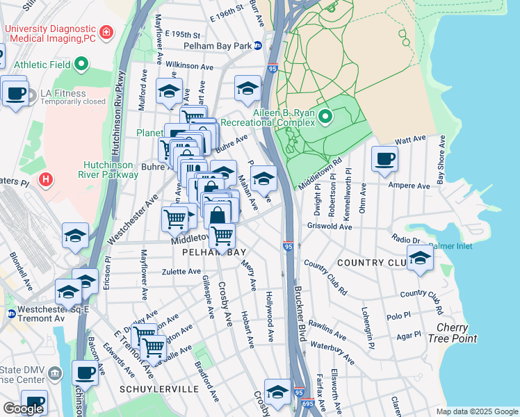 map of restaurants, bars, coffee shops, grocery stores, and more near 3105 Middletown Road in Bronx
