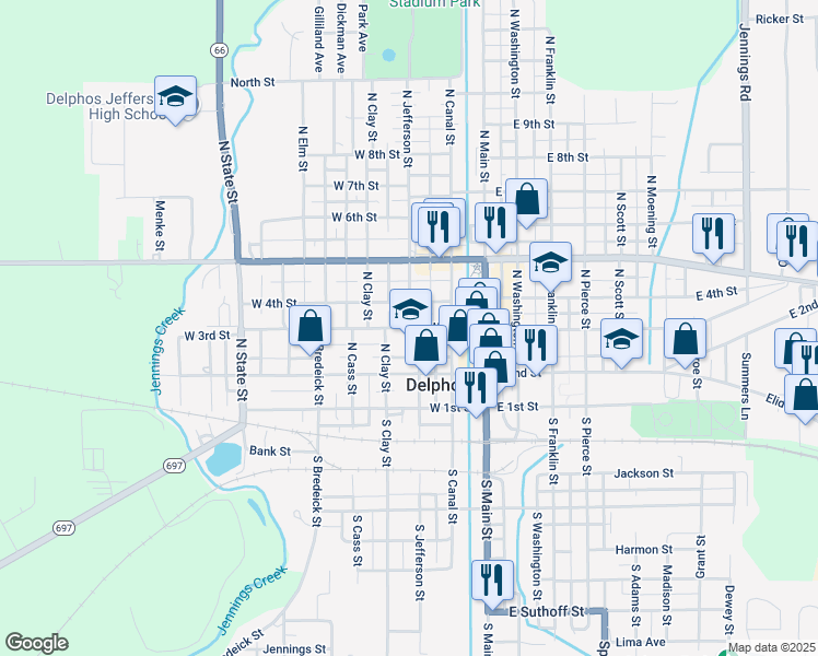 map of restaurants, bars, coffee shops, grocery stores, and more near 227 North Jefferson Street in Delphos