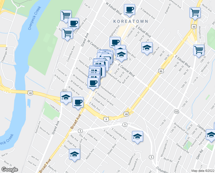 map of restaurants, bars, coffee shops, grocery stores, and more near 210 2nd Street in Palisades Park