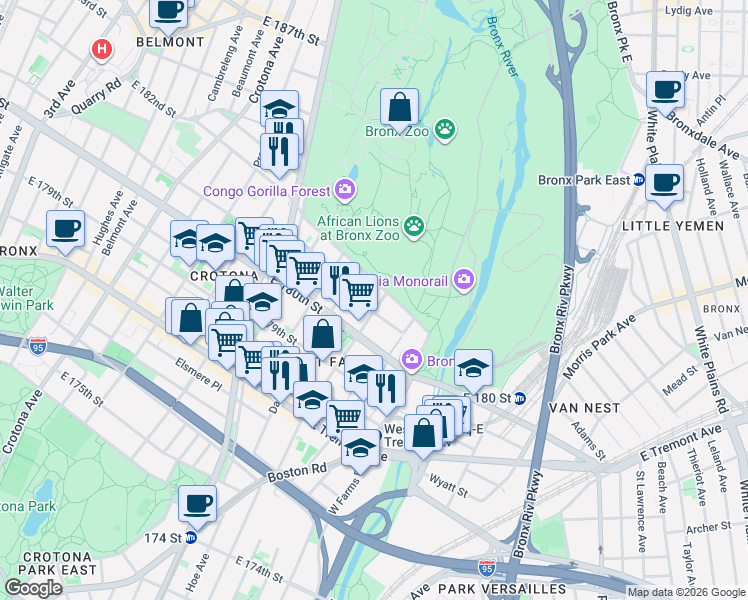 map of restaurants, bars, coffee shops, grocery stores, and more near 2137 Vyse Avenue in The Bronx