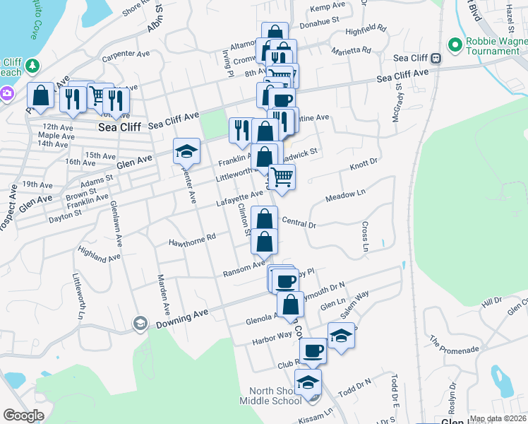 map of restaurants, bars, coffee shops, grocery stores, and more near 36 Grove Street in Sea Cliff