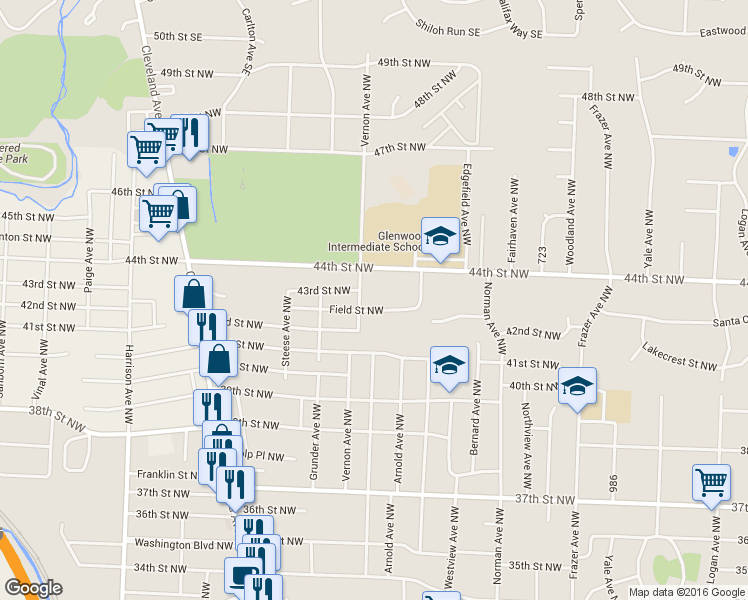 map of restaurants, bars, coffee shops, grocery stores, and more near 1233 Field Street Northwest in Canton