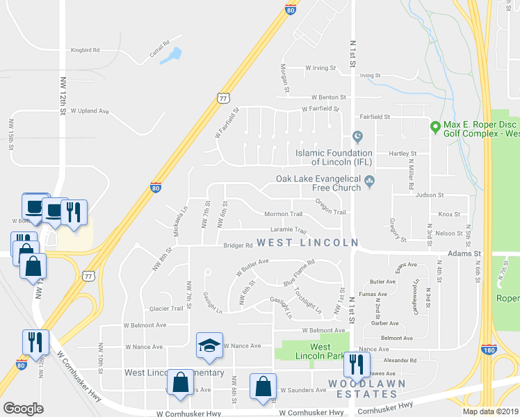 map of restaurants, bars, coffee shops, grocery stores, and more near 428 Mormon Trail in Lincoln