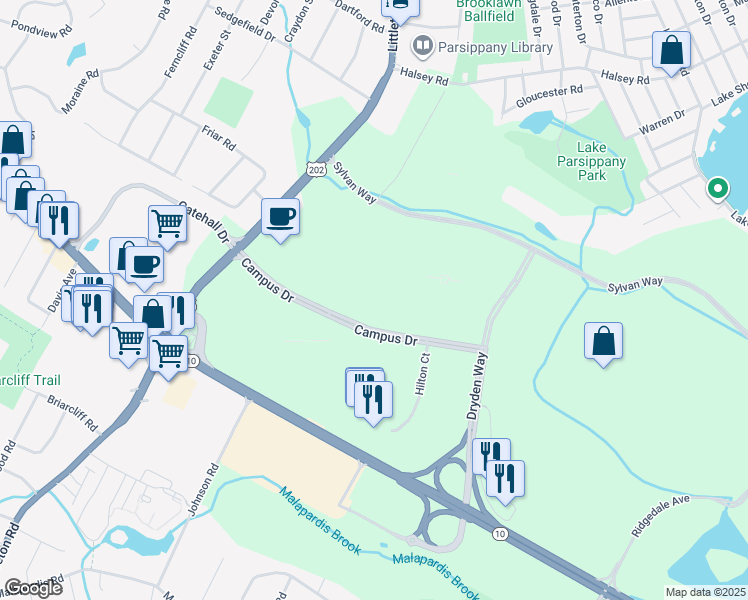 map of restaurants, bars, coffee shops, grocery stores, and more near 6 Campus Drive in Parsippany-Troy Hills