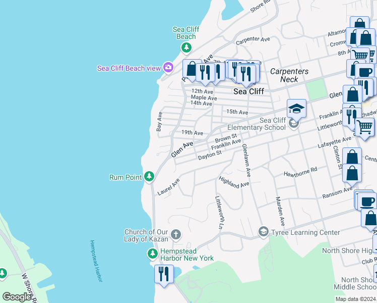 map of restaurants, bars, coffee shops, grocery stores, and more near 332 Franklin Avenue in Sea Cliff