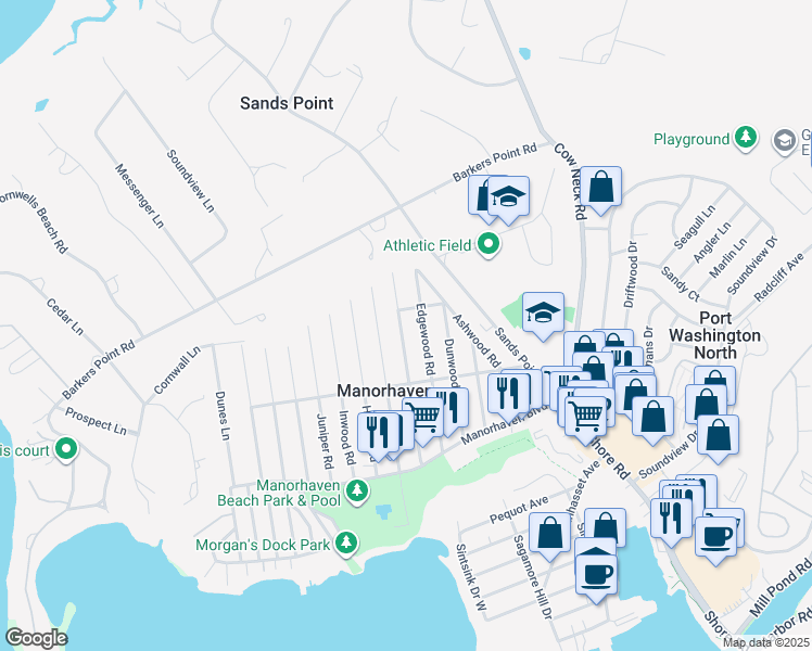 map of restaurants, bars, coffee shops, grocery stores, and more near 69 Firwood Road in Port Washington
