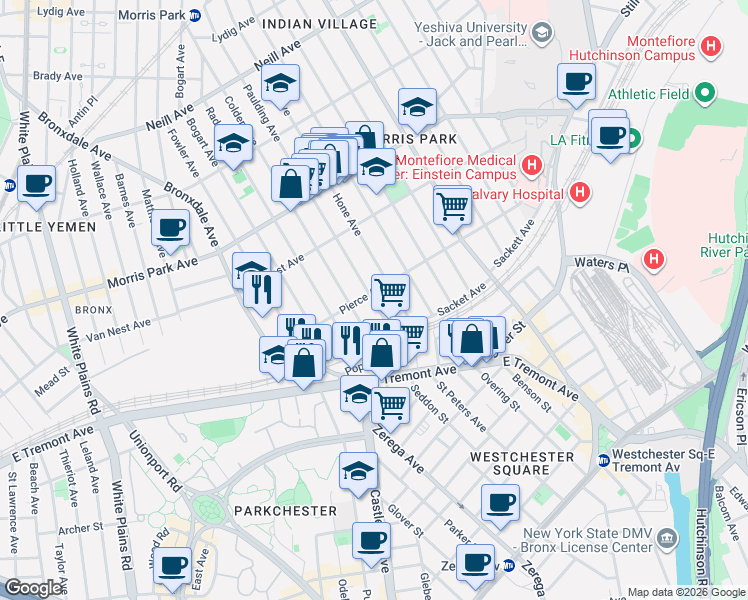 map of restaurants, bars, coffee shops, grocery stores, and more near 1588 Paulding Avenue in The Bronx